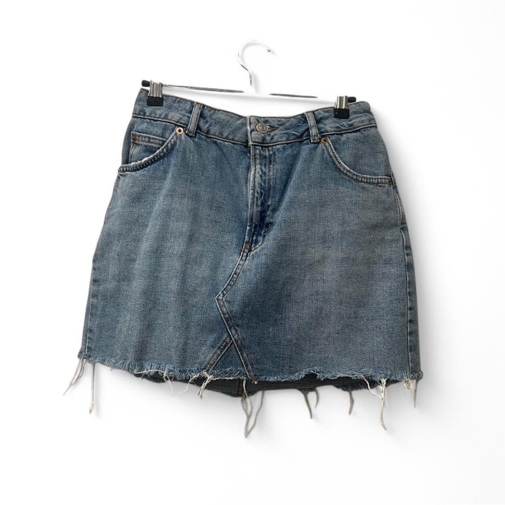 Topshop Denim Blue Frayed Hem Skirt